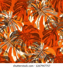 Tropical Leaves. Seamless Texture with Bright Hand Drawn Leaves of Exotic Tree. Trendy Rapport for Print, Cloth, Fabric. Vector Seamless Background with Tropic Plants. Watercolor Effect.
