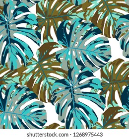 Tropical Leaves. Seamless Texture with Bright Hand Drawn Leaves of Monstera. Trendy Rapport for Calico, Textile, Swimwear. Vector Seamless Background with Tropic Plants. Watercolor Effect.