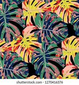 Tropical Leaves. Seamless Texture with Bright Hand Drawn Leaves of Monstera. Spring Rapport for Print, Textile, Fabric. Vector Seamless Background with Tropic Plants. Watercolor Effect.