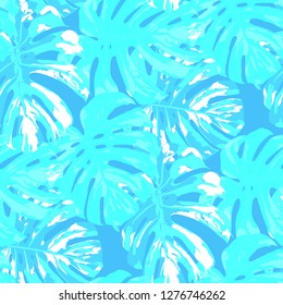 Tropical Leaves. Seamless Texture with Bright Hand Drawn Leaves of Exotic Tree. Bright Rapport for Print, Textile, Fabric. Vector Seamless Background with Tropic Plants. Watercolor Effect.