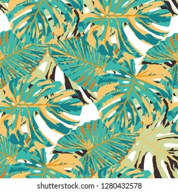 Tropical Leaves. Seamless Texture with Bright Hand Drawn Leaves of Exotic Tree. Summer Rapport for Print, Paper, Swimwear. Vector Seamless Background with Tropic Plants. Watercolor Effect.