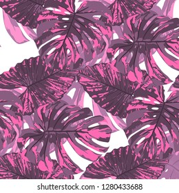Tropical Leaves. Seamless Texture with Bright Hand Drawn Leaves of Monstera. Spring Rapport for Calico, Textile, Wallpaper. Vector Seamless Background with Tropic Plants. Watercolor Effect.