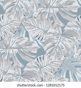 Tropical Leaves. Seamless Texture with Bright Hand Drawn Leaves of Monstera. Summer Rapport for Print, Cloth, Fabric. Vector Seamless Background with Tropic Plants. Watercolor Effect.