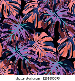 Tropical Leaves. Seamless Texture with Bright Hand Drawn Leaves of Monstera. Trendy Rapport for Print, Textile, Swimwear. Vector Seamless Background with Tropic Plants. Watercolor Effect.