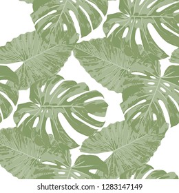Tropical Leaves. Seamless Texture with Bright Hand Drawn Leaves of Monstera. Spring Rapport for Paper, Textile, Wallpaper. Vector Seamless Background with Tropic Plants. Watercolor Effect.