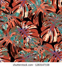 Tropical Leaves. Seamless Texture with Bright Hand Drawn Leaves of Exotic Tree. Trendy Rapport for Calico, Textile, Wallpaper. Vector Seamless Background with Tropic Plants. Watercolor Effect.