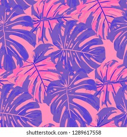 Tropical Leaves. Seamless Texture with Bright Hand Drawn Leaves of Exotic Tree. Spring Rapport for Calico, Textile, Swimwear. Vector Seamless Background with Tropic Plants. Watercolor Effect.