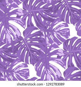 Tropical Leaves. Seamless Texture with Bright Hand Drawn Leaves of Monstera. Trendy Rapport for Paper, Textile, Wallpaper. Vector Seamless Background with Tropic Plants. Watercolor Effect.
