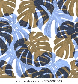 Tropical Leaves. Seamless Texture with Bright Hand Drawn Leaves of Monstera. Bright Rapport for Calico, Textile, Wallpaper. Vector Seamless Background with Tropic Plants. Watercolor Effect.