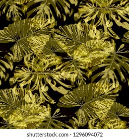 Tropical Leaves. Seamless Texture with Bright Hand Drawn Leaves of Exotic Tree. Trendy Rapport for Paper, Cloth, Fabric. Vector Seamless Background with Tropic Plants. Watercolor Effect.