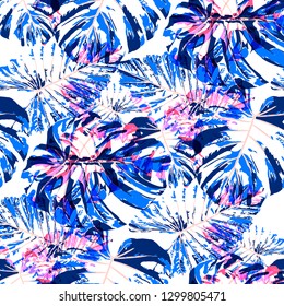 Tropical Leaves. Seamless Texture with Bright Hand Drawn Leaves of Monstera. Bright Rapport for Print, Textile, Fabric. Vector Seamless Background with Tropic Plants. Watercolor Effect.