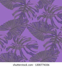 Tropical Leaves. Seamless Texture with Bright Hand Drawn Leaves of Exotic Tree. Summer Rapport for Print, Cloth, Fabric. Vector Seamless Background with Tropic Plants. Watercolor Effect.