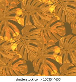 Tropical Leaves. Seamless Texture with Bright Hand Drawn Leaves of Monstera. Bright Rapport for Print, Cloth, Fabric. Vector Seamless Background with Tropic Plants. Watercolor Effect.