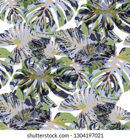 Tropical Leaves. Seamless Texture with Bright Hand Drawn Leaves of Exotic Tree. Bright Rapport for Print, Textile, Swimwear. Vector Seamless Background with Tropic Plants. Watercolor Effect.