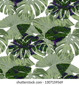 Tropical Leaves. Seamless Texture with Bright Hand Drawn Leaves of Monstera. Summer Rapport for Calico, Textile, Wallpaper. Vector Seamless Background with Tropic Plants. Watercolor Effect.