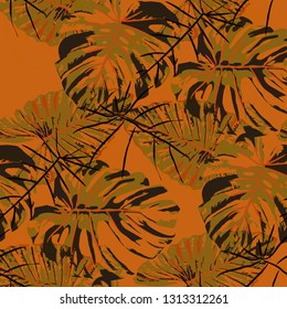 Tropical Leaves. Seamless Texture with Bright Hand Drawn Leaves of Monstera. Spring Rapport for Print, Paper, Swimwear. Vector Seamless Background with Tropic Plants. Watercolor Effect.
