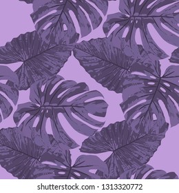 Tropical Leaves. Seamless Texture with Bright Hand Drawn Leaves of Exotic Tree. Spring Rapport for Print, Cloth, Fabric. Vector Seamless Background with Tropic Plants. Watercolor Effect.