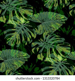 Tropical Leaves. Seamless Texture with Bright Hand Drawn Leaves of Exotic Tree. Spring Rapport for Paper, Textile, Wallpaper. Vector Seamless Background with Tropic Plants. Watercolor Effect.