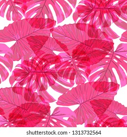 Tropical Leaves. Seamless Texture with Bright Hand Drawn Leaves of Monstera. Trendy Rapport for Paper, Cloth, Wallpaper. Vector Seamless Background with Tropic Plants. Watercolor Effect.