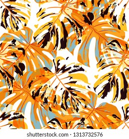 Tropical Leaves. Seamless Texture with Bright Hand Drawn Leaves of Monstera. Summer Rapport for Paper, Textile, Wallpaper. Vector Seamless Background with Tropic Plants. Watercolor Effect.