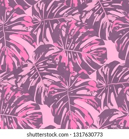 Tropical Leaves. Seamless Texture with Bright Hand Drawn Leaves of Monstera. Summer Rapport for Calico, Textile, Wallpaper. Vector Seamless Background with Tropic Plants. Watercolor Effect.