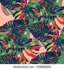 Tropical Leaves. Seamless Texture with Bright Hand Drawn Leaves of Exotic Tree. Spring Rapport for Paper, Cloth, Fabric. Vector Seamless Background with Tropic Plants. Watercolor Effect.