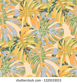 Tropical Leaves. Seamless Texture with Bright Hand Drawn Leaves of Monstera. Spring Rapport for Paper, Cloth, Wallpaper. Vector Seamless Background with Tropic Plants. Watercolor Effect.