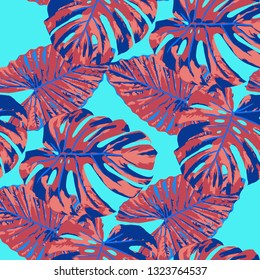 Tropical Leaves. Seamless Texture with Bright Hand Drawn Leaves of Exotic Tree. Trendy Rapport for Print, Cloth, Fabric. Vector Seamless Background with Tropic Plants. Watercolor Effect.