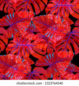 Tropical Leaves. Seamless Texture with Bright Hand Drawn Leaves of Monstera. Summer Rapport for Paper, Cloth, Fabric. Vector Seamless Background with Tropic Plants. Watercolor Effect.