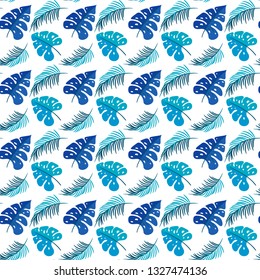 Tropical Leaves. Seamless Texture with Bright Hand Drawn Leaves of Monstera. Spring Rapport for Print, Paper, Swimwear. Vector Seamless Background with Tropic Plants. Watercolor Effect