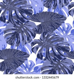 Tropical Leaves. Seamless Texture with Bright Hand Drawn Leaves of Monstera. Summer Rapport for Calico, Textile, Wallpaper. Vector Seamless Background with Tropic Plants. Watercolor Effect.