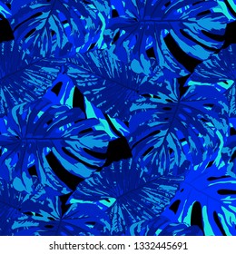 Tropical Leaves. Seamless Texture with Bright Hand Drawn Leaves of Monstera. Spring Rapport for Paper, Textile, Wallpaper. Vector Seamless Background with Tropic Plants. Watercolor Effect.