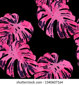 Tropical Leaves. Seamless Texture with Bright Hand Drawn Leaves of Monstera. Trendy Rapport for Print, Paper, Swimwear. Vector Seamless Background with Tropic Plants. Watercolor Effect.