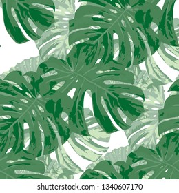 Tropical Leaves. Seamless Texture with Bright Hand Drawn Leaves of Monstera. Trendy Rapport for Paper, Cloth, Fabric. Vector Seamless Background with Tropic Plants. Watercolor Effect.