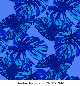 Tropical Leaves. Seamless Texture with Bright Hand Drawn Leaves of Exotic Tree. Spring Rapport for Paper, Cloth, Fabric. Vector Seamless Background with Tropic Plants. Watercolor Effect.