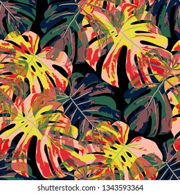 Tropical Leaves. Seamless Texture with Bright Hand Drawn Leaves of Monstera. Bright Rapport for Paper, Cloth, Fabric. Vector Seamless Background with Tropic Plants. Watercolor Effect.