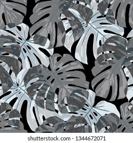 Tropical Leaves. Seamless Texture with Bright Hand Drawn Leaves of Exotic Tree. Trendy Rapport for Calico, Textile, Wallpaper. Vector Seamless Background with Tropic Plants. Watercolor Effect.