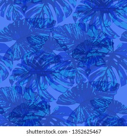 Tropical Leaves. Seamless Texture with Bright Hand Drawn Leaves of Exotic Tree. Summer Rapport for Paper, Cloth, Wallpaper. Vector Seamless Background with Tropic Plants. Watercolor Effect.