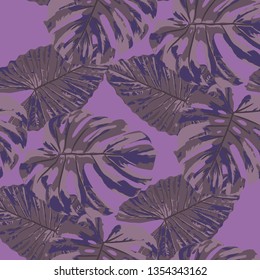 Tropical Leaves. Seamless Texture with Bright Hand Drawn Leaves of Exotic Tree. Trendy Rapport for Print, Cloth, Fabric. Vector Seamless Background with Tropic Plants. Watercolor Effect.