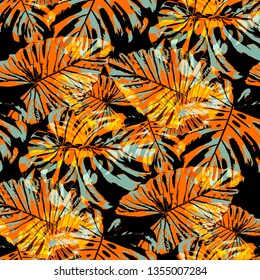 Tropical Leaves. Seamless Texture with Bright Hand Drawn Leaves of Monstera. Bright Rapport for Print, Textile, Swimwear. Vector Seamless Background with Tropic Plants. Watercolor Effect.