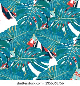 Tropical Leaves. Seamless Texture with Bright Hand Drawn Leaves of Exotic Tree. Spring Rapport for Paper, Cloth, Wallpaper. Vector Seamless Background with Tropic Plants. Watercolor Effect.