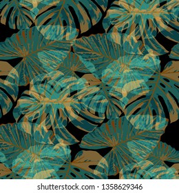 Tropical Leaves. Seamless Texture with Bright Hand Drawn Leaves of Monstera. Bright Rapport for Print, Cloth, Fabric. Vector Seamless Background with Tropic Plants. Watercolor Effect.