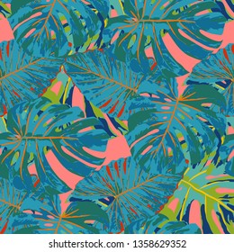 Tropical Leaves. Seamless Texture with Bright Hand Drawn Leaves of Exotic Tree. Trendy Rapport for Print, Textile, Swimwear. Vector Seamless Background with Tropic Plants. Watercolor Effect.