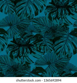 Tropical Leaves. Seamless Texture with Bright Hand Drawn Leaves of Monstera. Spring Rapport for Paper, Textile, Wallpaper. Vector Seamless Background with Tropic Plants. Watercolor Effect.