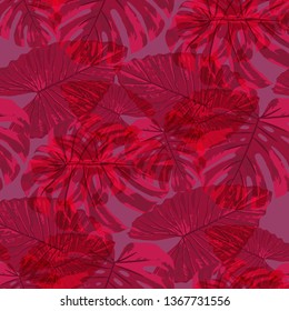 Tropical Leaves. Seamless Texture with Bright Hand Drawn Leaves of Exotic Tree. Trendy Rapport for Paper, Cloth, Wallpaper. Vector Seamless Background with Tropic Plants. Watercolor Effect.