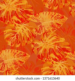 Tropical Leaves. Seamless Texture with Bright Hand Drawn Leaves of Monstera. Summer Rapport for Paper, Textile, Wallpaper. Vector Seamless Background with Tropic Plants. Watercolor Effect.