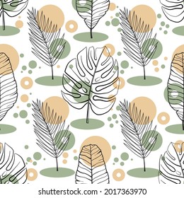 Tropische Blätter. Nahtlose Textur mit Palmenblatt, Monstera und Banane. Vektormuster mit handgezeichnet Blattwerk. Umrisszeichnung.