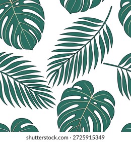 Tropical leaves seamless tile pattern with oversized monstera and palm leaves and vibrant green hues for bold statement walls concept as Oversized monstera and palm leaves with vibrant green hues create tropical seamless tile pattern for bold statement walls in Photo Stock Concept and empty space on the left side,no text --ar 7:2 --tile