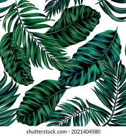 Tropical Leaves Seamless Vector Pattern Design With Turquoise And Green Amazing Palms Leave. Design For Use Fashion, Interior, Wrapping, Packaging And Others. Vector Palm Leaves.