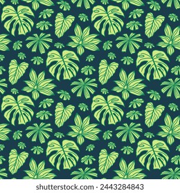 Tropical Leaves Seamless Vector Pattern, Exotic Jungle Background, Modern Line Art Wallpaper and Textile Design 